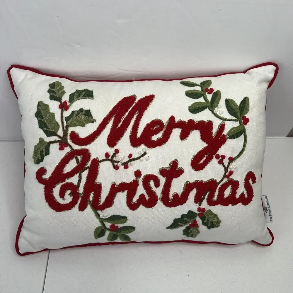 The Royal Standard Merry‎ Christmas Throw Pillow Embroidered Zippered 13 X 18 In